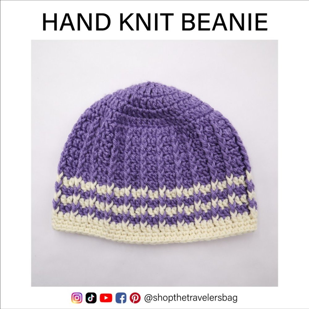 Hand Knit Purple, White Beanie